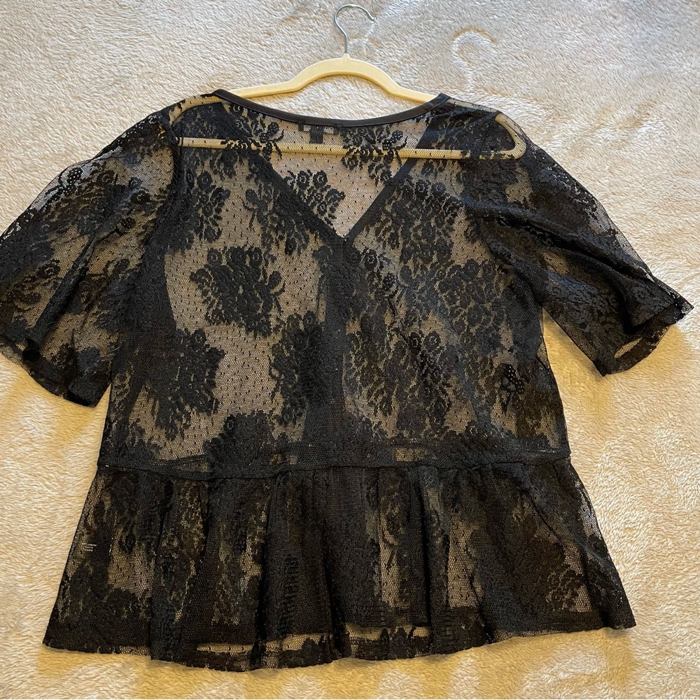 Lane Bryant Black Mesh Lace Button Front Peplum Blouse